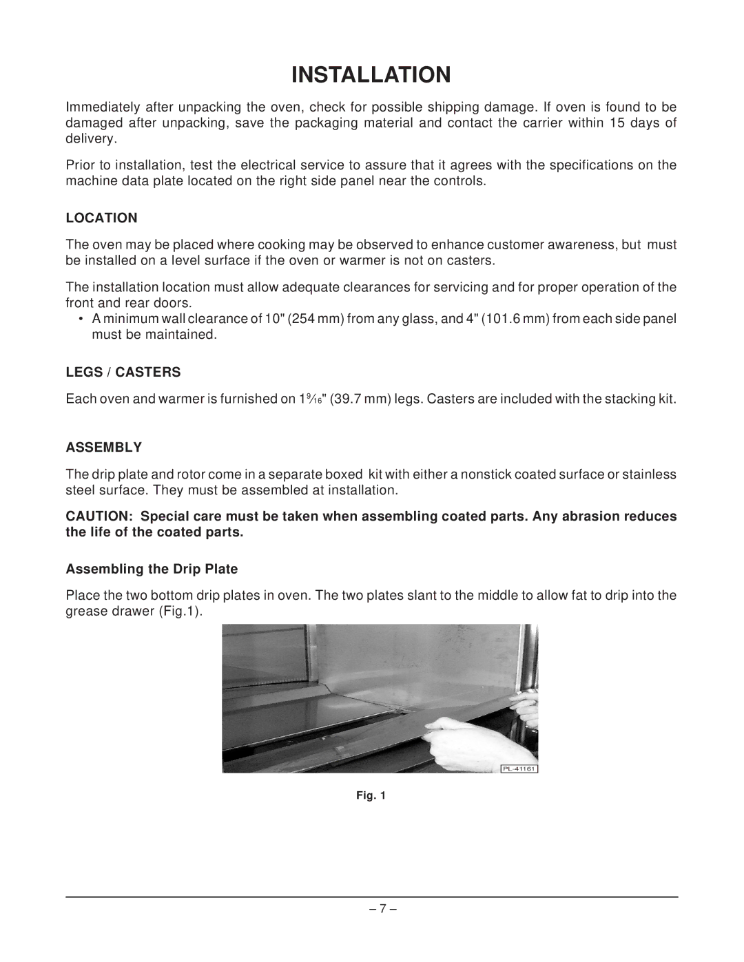 Hobart HR5 manual Installation, Location, Legs / Casters, Assembly, Assembling the Drip Plate 