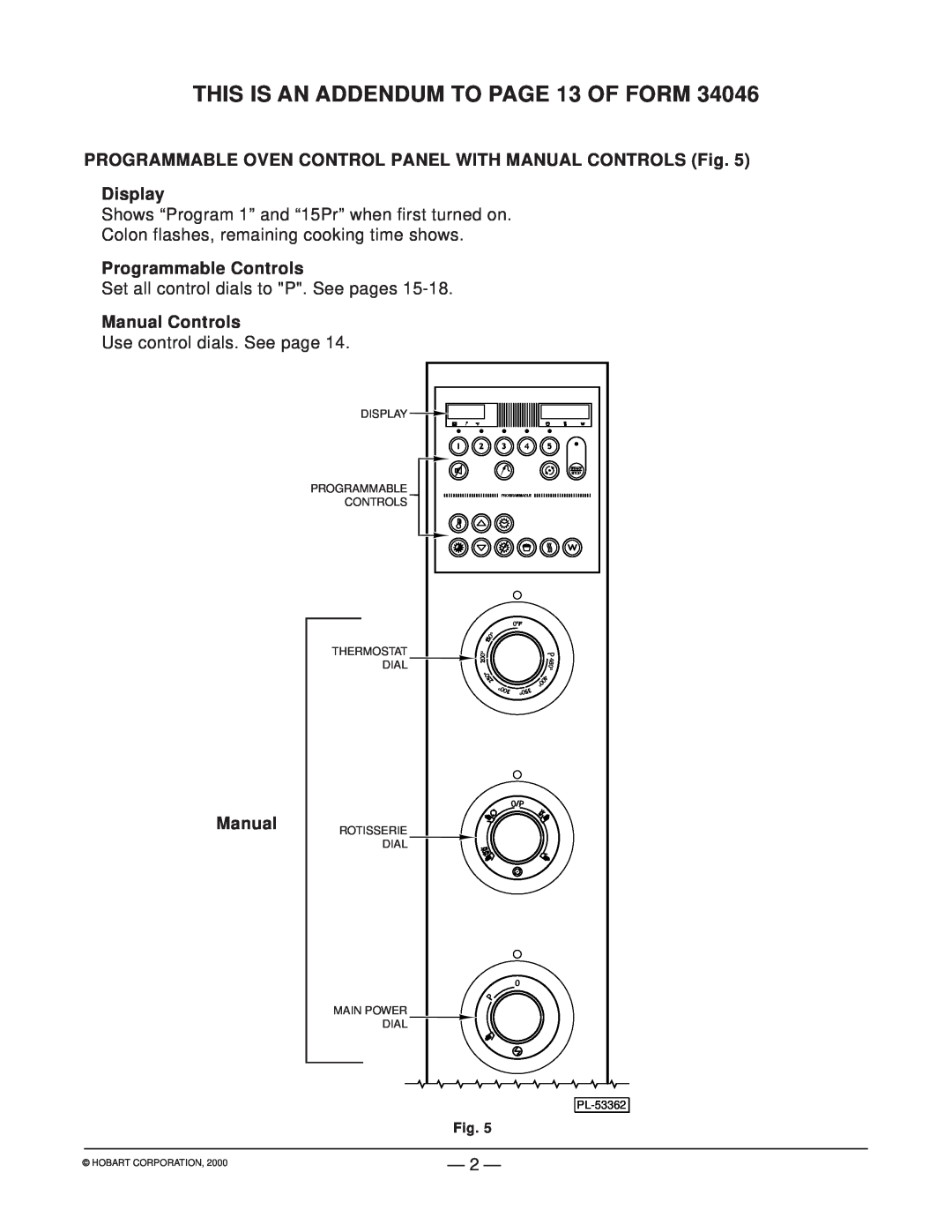 Hobart HR5 THIS IS AN ADDENDUM TO PAGE 13 OF FORM, Display, Programmable Controls, Manual Controls, Hobart Corporation 