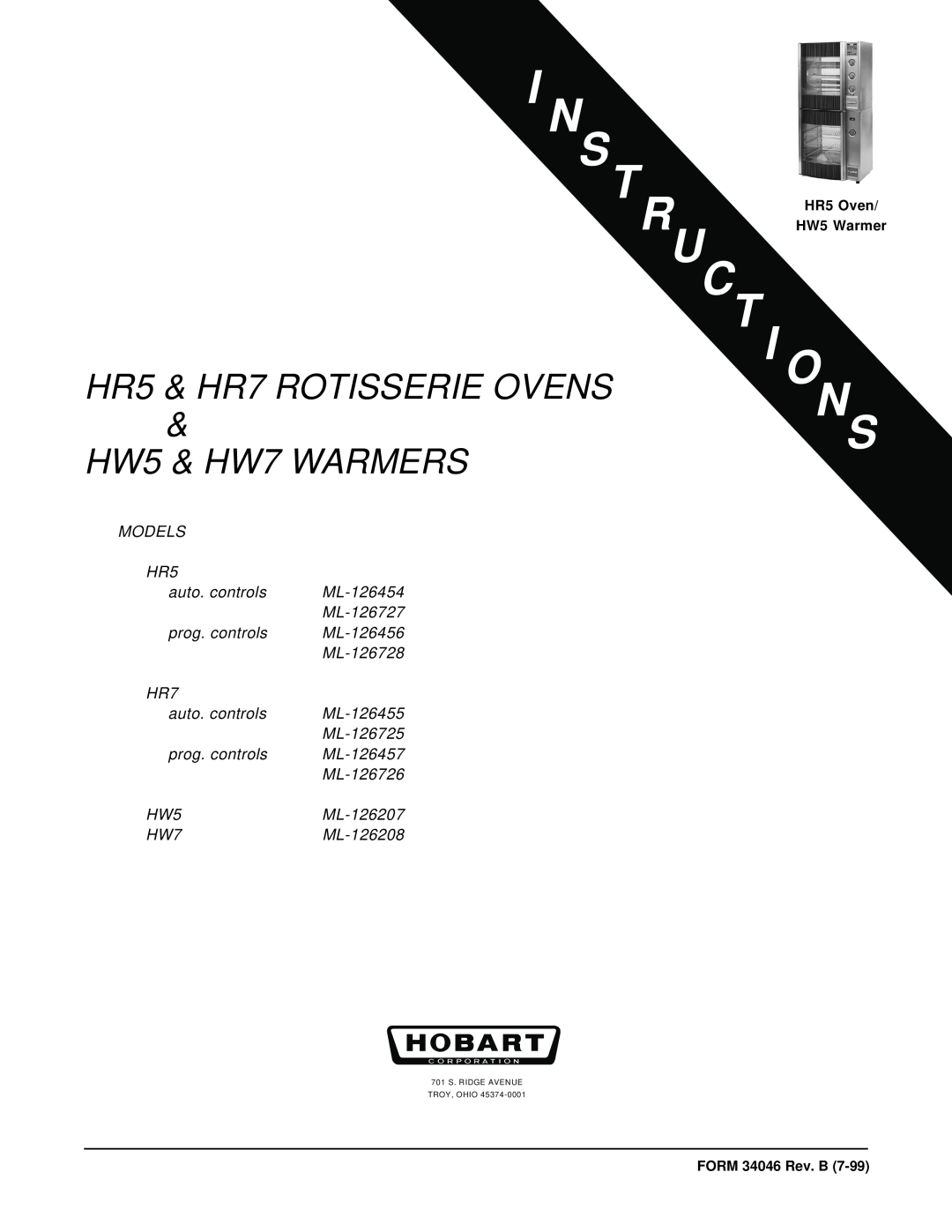 Hobart manual T I O, HR5 & HR7 ROTISSERIE OVENS, HW5 & HW7 WARMERS 