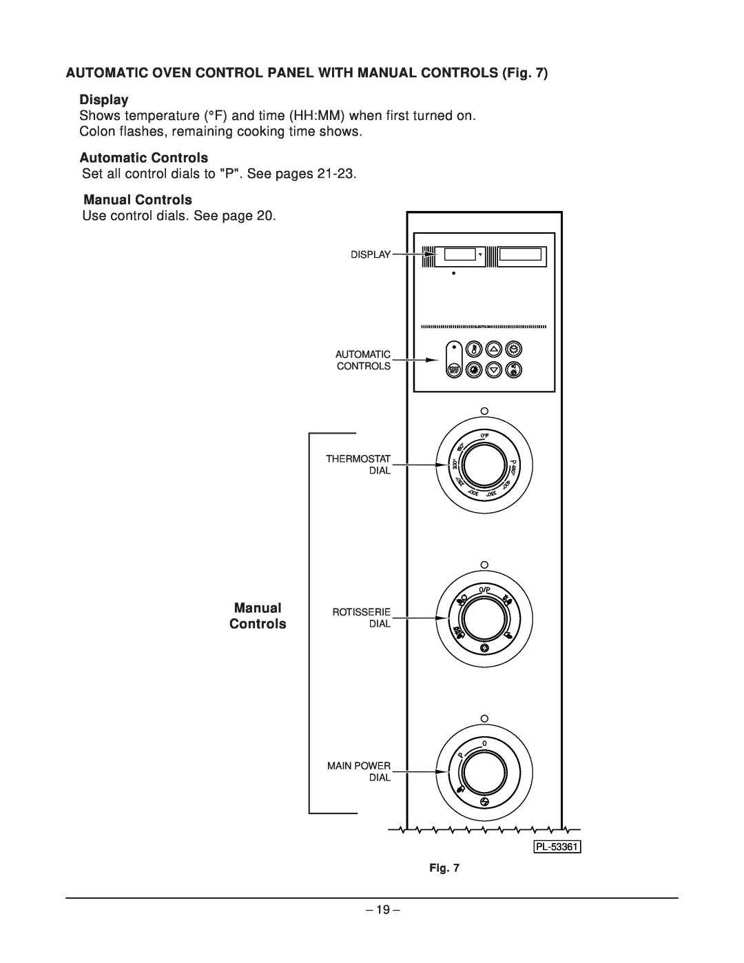 Hobart HR5 manual AUTOMATIC OVEN CONTROL PANEL WITH MANUAL CONTROLS Fig Display, Automatic Controls, Manual Controls 