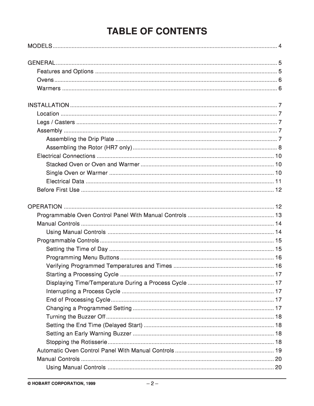 Hobart HR5 manual Table Of Contents, Hobart Corporation 
