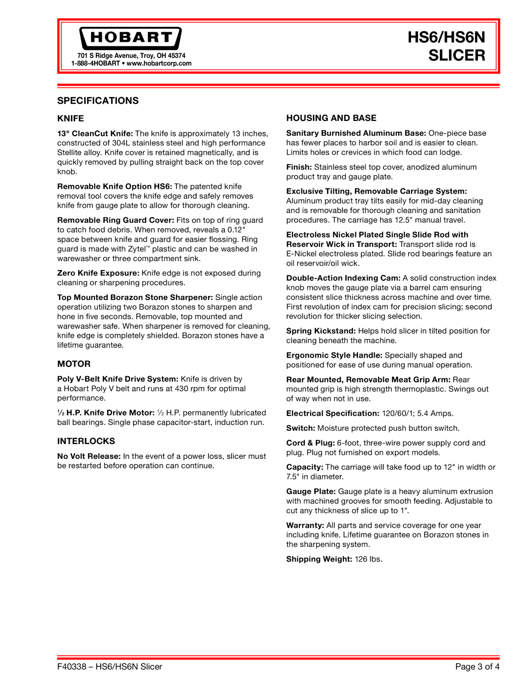 Hobart HS6N dimensions Specifications, Motor 