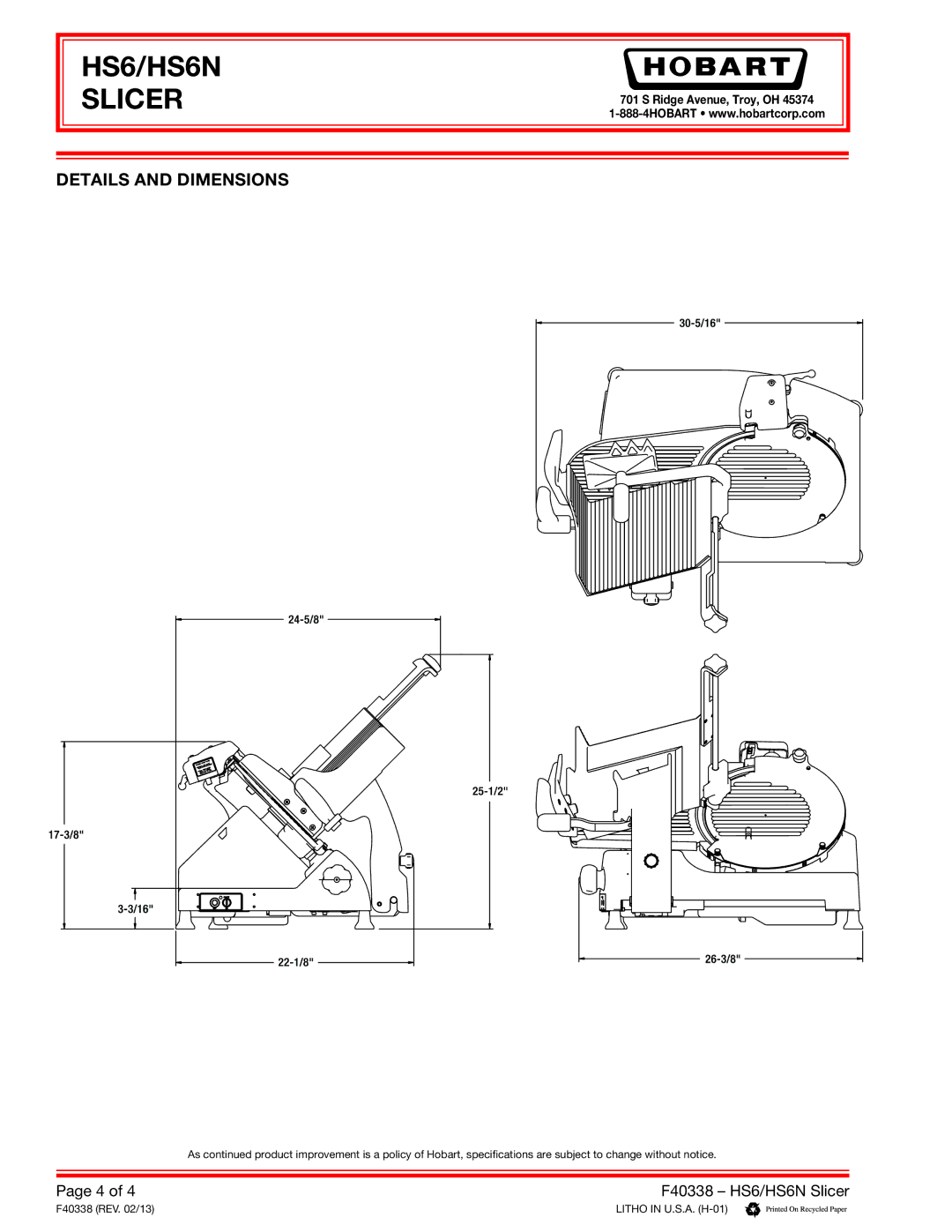 Hobart HS6N dimensions Details and Dimensions 