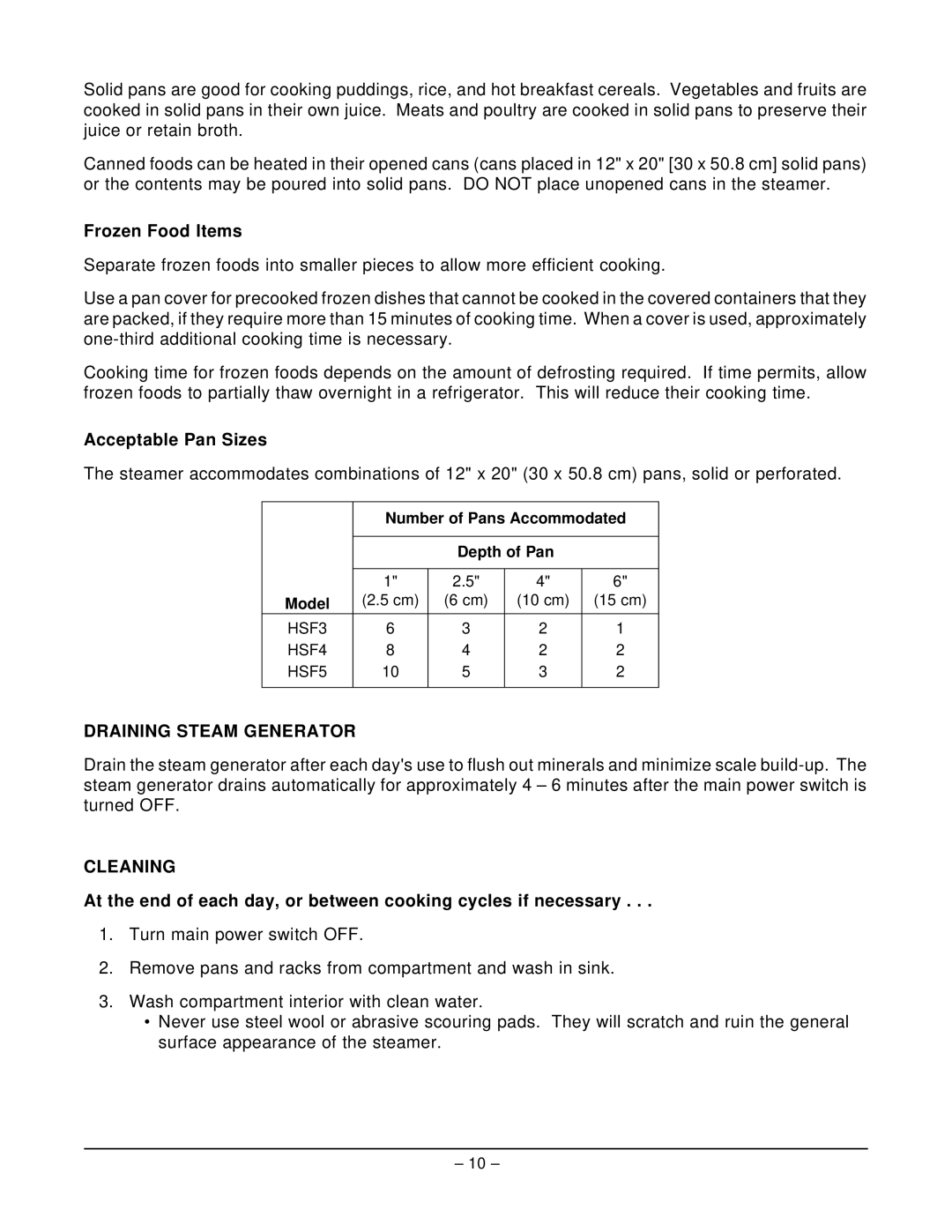 Hobart HSF3 manual Frozen Food Items, Acceptable Pan Sizes, Draining Steam Generator, Cleaning 