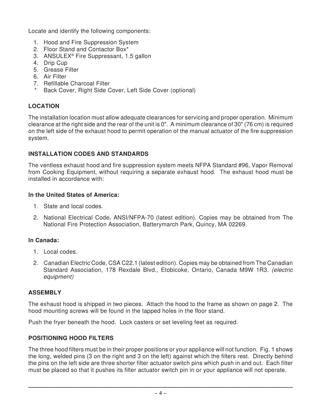 Hobart HVH23 manual Location, Installation Codes and Standards, Assembly, Positioning Hood Filters 