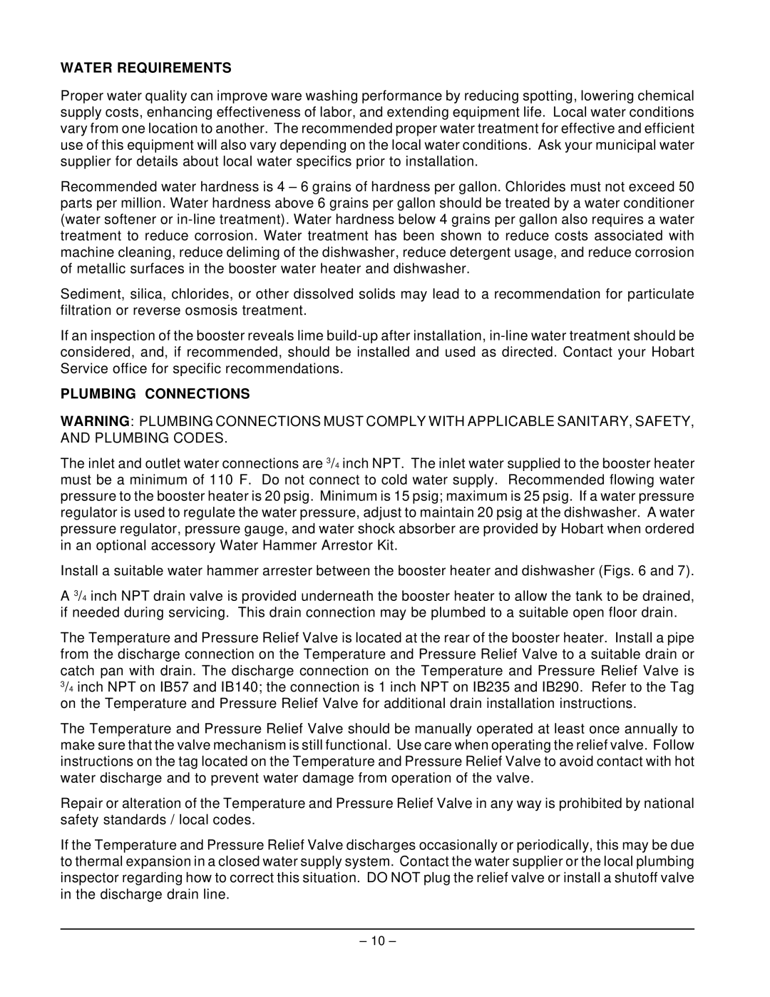 Hobart IB57 ML-110898, IB235 ML-110861, IB290 ML-110862, IB140 ML-110899 manual Water Requirements, Plumbing Connections 