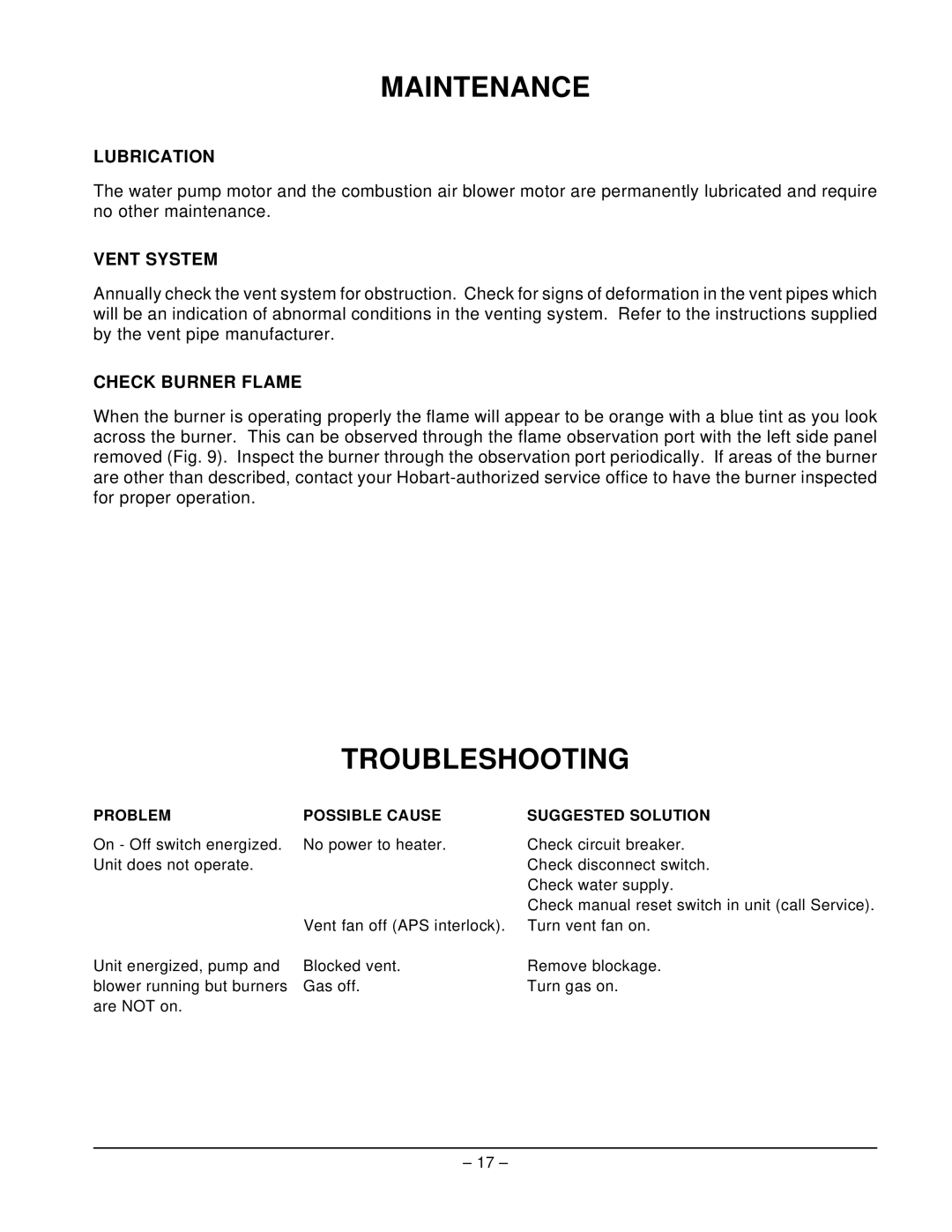 Hobart IB290 ML-110862, IB235 ML-110861 manual Maintenance, Troubleshooting, Lubrication, Vent System, Check Burner Flame 