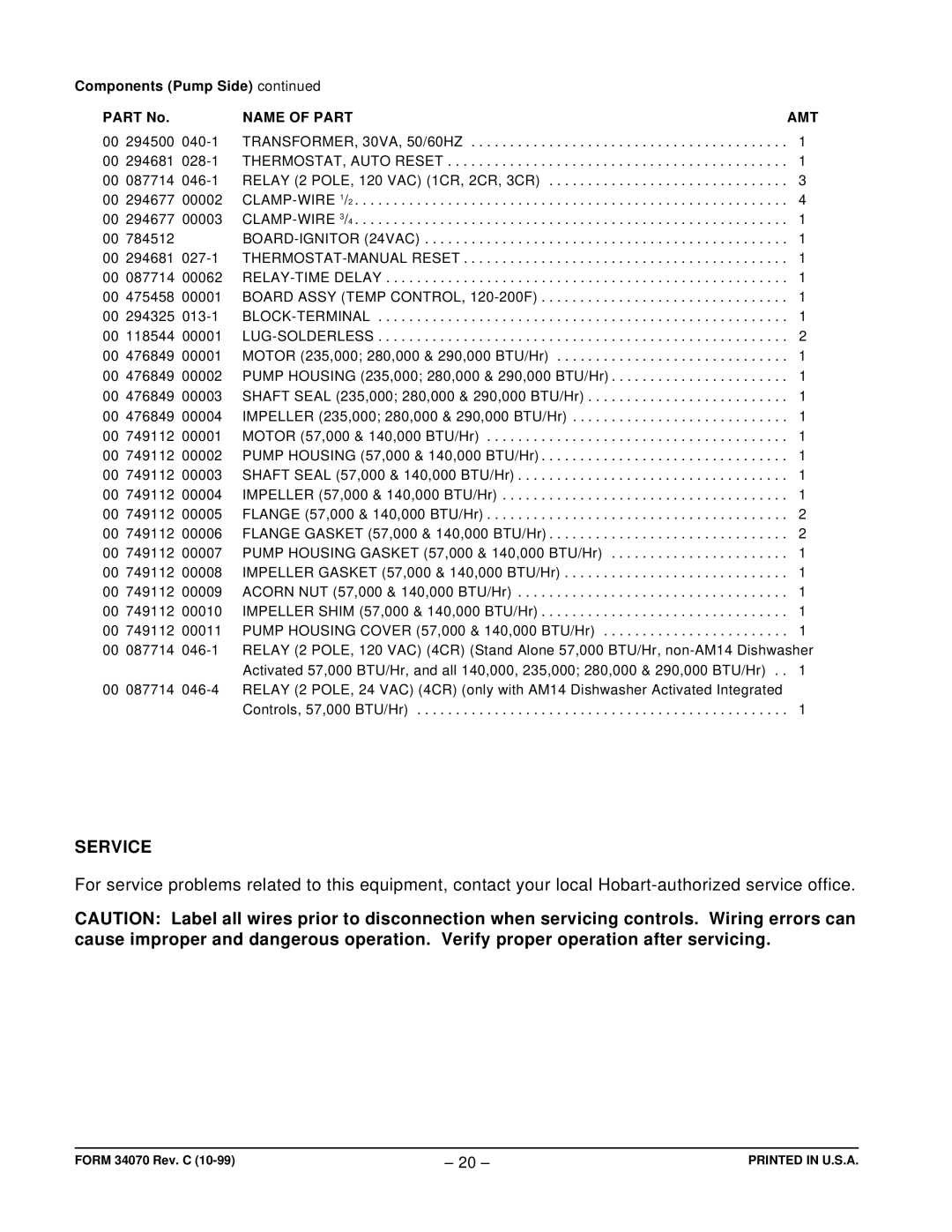 Hobart IB235 ML-110861, IB290 ML-110862, IB57 ML-110898, IB140 ML-110899 manual Service 