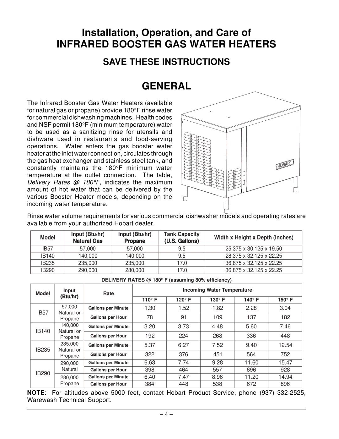 Hobart IB235 ML-110861, IB290 ML-110862 manual Infrared Booster GAS Water Heaters General, Model Input Btu/hr Tank Capacity 