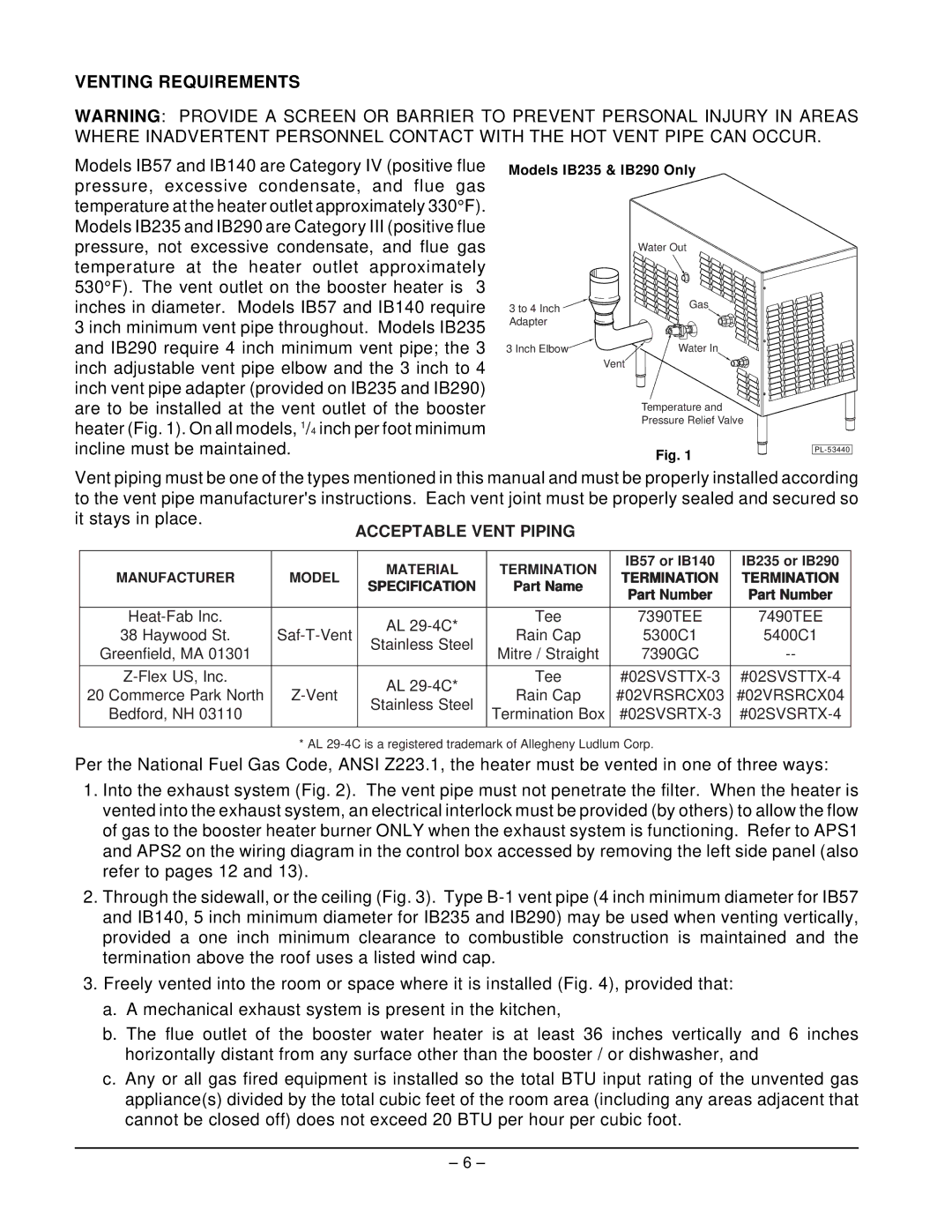 Hobart IB57 ML-110898, IB235 ML-110861, IB290 ML-110862, IB140 ML-110899 manual Venting Requirements, Acceptable Vent Piping 