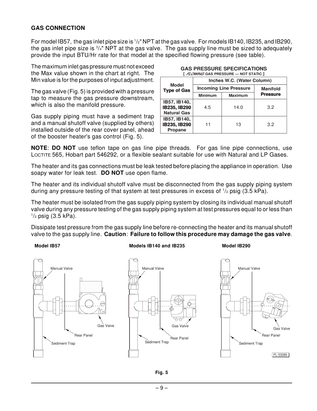 Hobart IB290 ML-110862, IB235 ML-110861, IB57 ML-110898, IB140 ML-110899 manual GAS Connection, GAS Pressure Specifications 