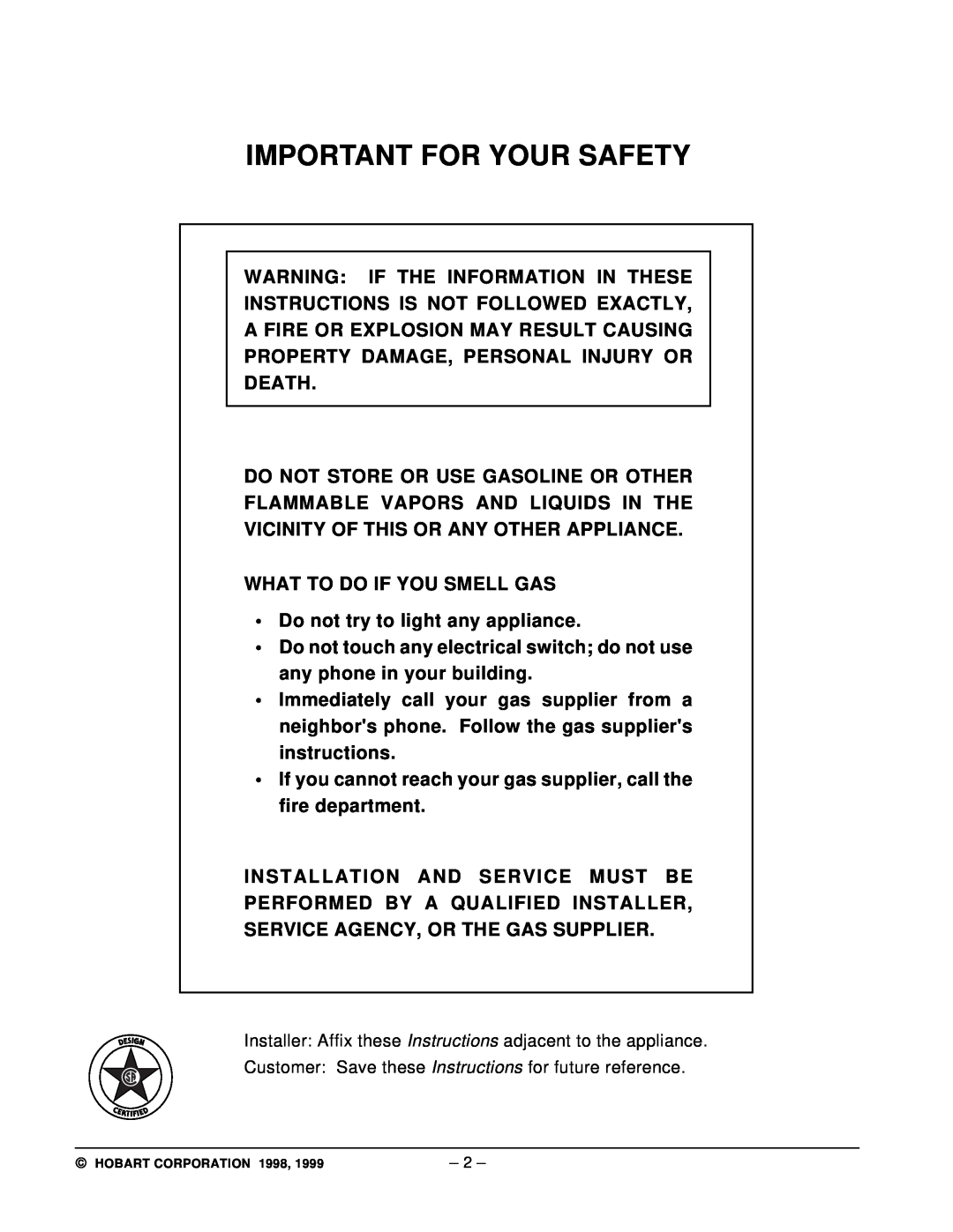 Hobart IB57 ML-110898, IB235 ML-110861, IB290 ML-110862, IB140 ML-110899 manual Important For Your Safety 