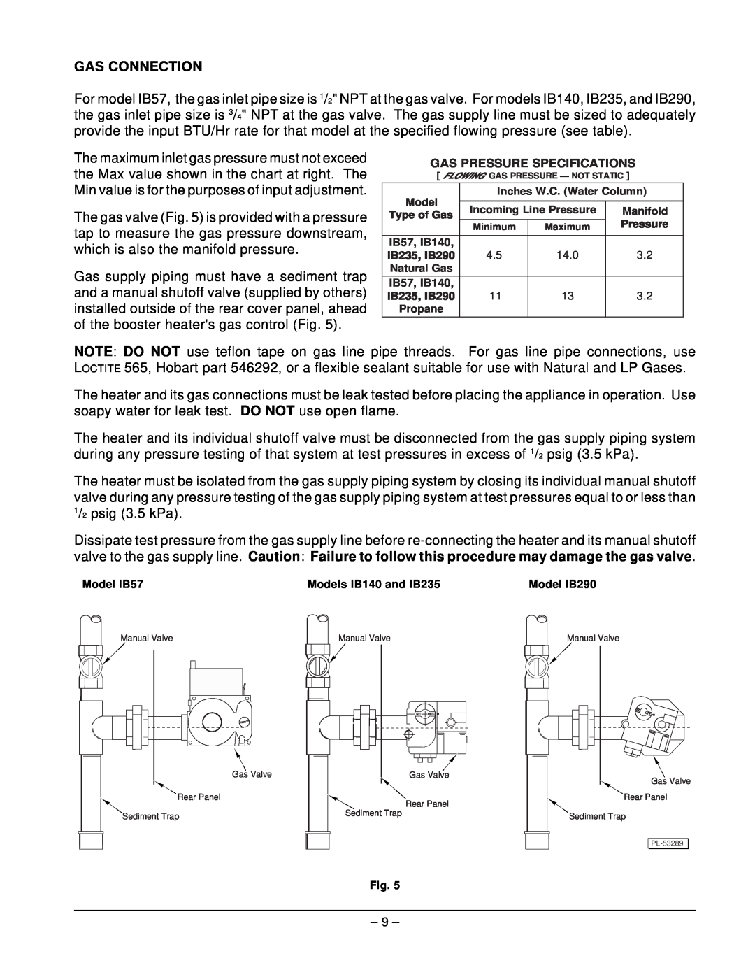 Hobart IB290 ML-110862, IB235 ML-110861, IB57 ML-110898, IB140 ML-110899 manual Gas Connection, Gas Pressure Specifications 