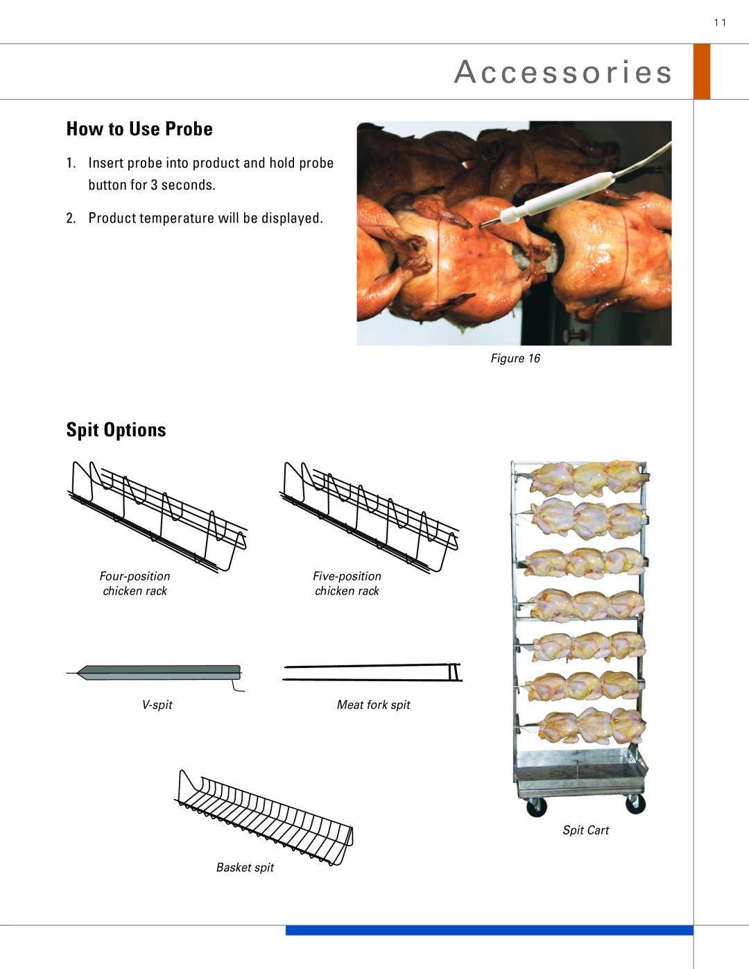 Hobart KA7E A c c e s s o r i e s, How to Use Probe, Spit Options, Four-position chicken rack, Five-position chicken rack 