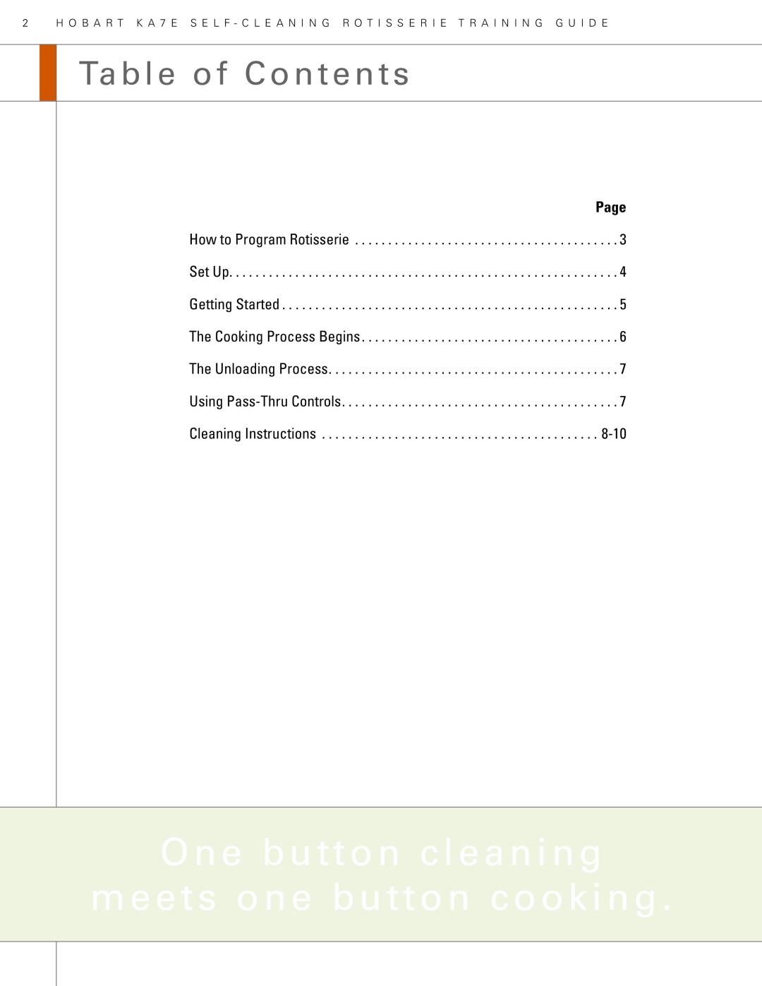 Hobart KA7E manual Table of Contents, Page, One button cleaning meets one button cooking, The Unloading Process 
