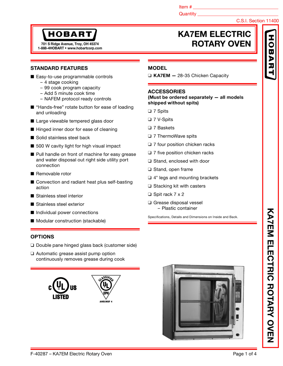 Hobart dimensions KA7EM Electric, Electric Rotary Oven 