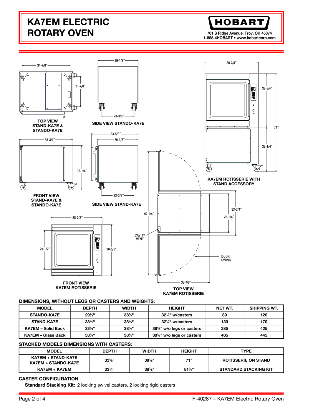 Hobart dimensions KA7EM Electric Rotary Oven, DIMENSIONS, Without Legs or Casters and Weights, Caster Configuration 