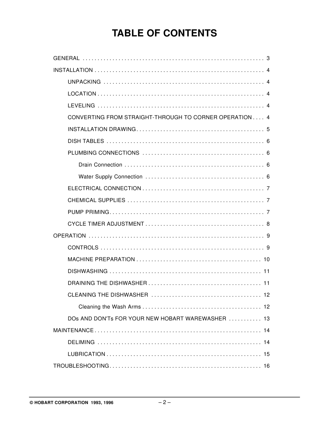 Hobart LT1 ML-104239 manual Table of Contents 