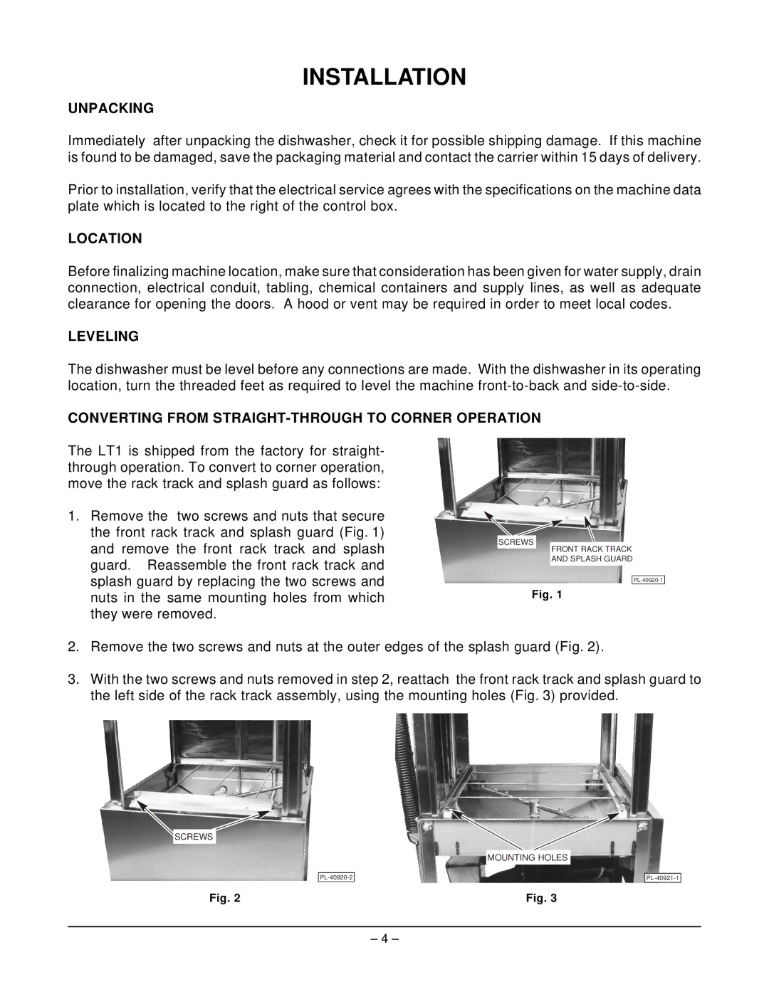 Hobart LT1 ML-104239 Installation, Unpacking, Location, Leveling, Converting from STRAIGHT-THROUGH to Corner Operation 