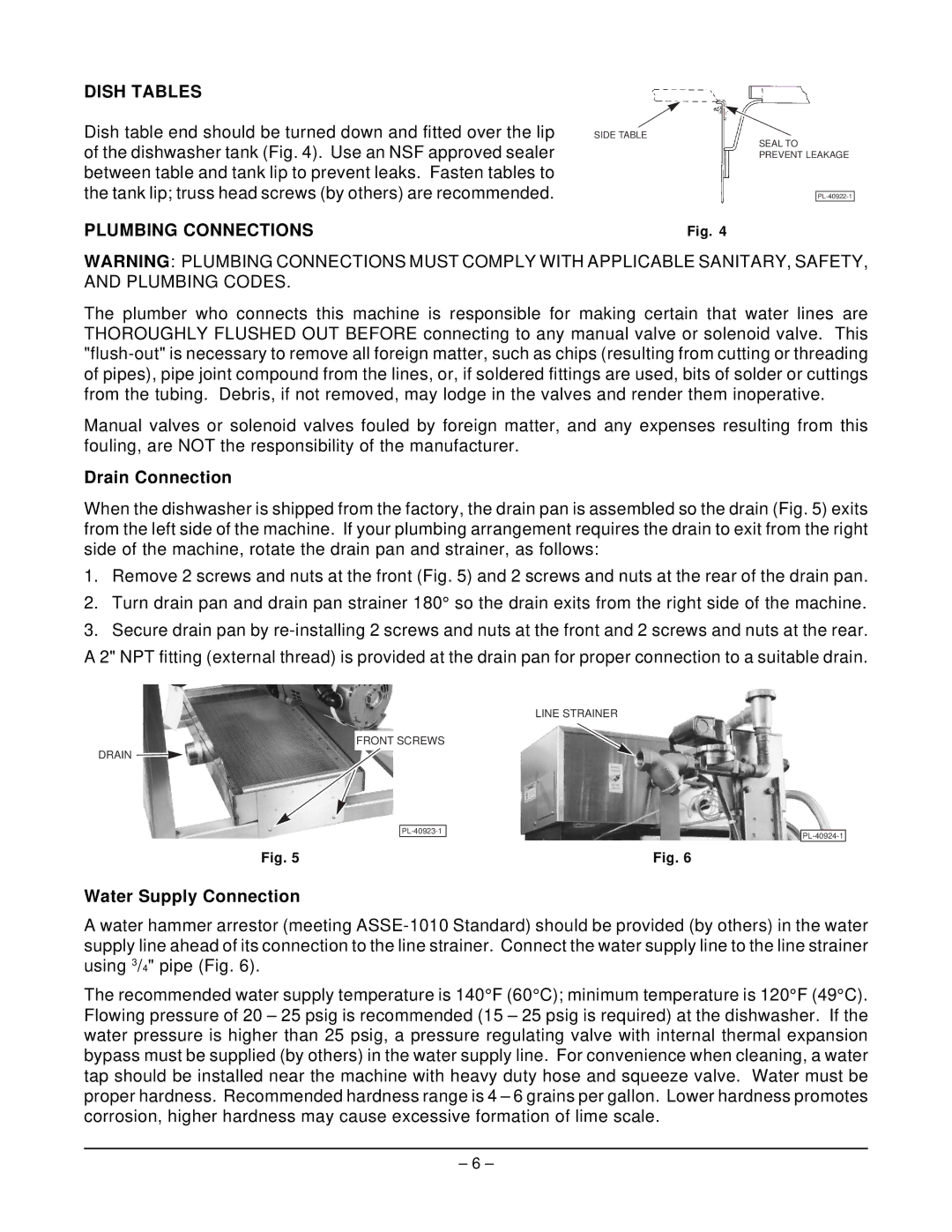 Hobart LT1 ML-104239 manual Dish Tables, Plumbing Connections, Drain Connection, Water Supply Connection 