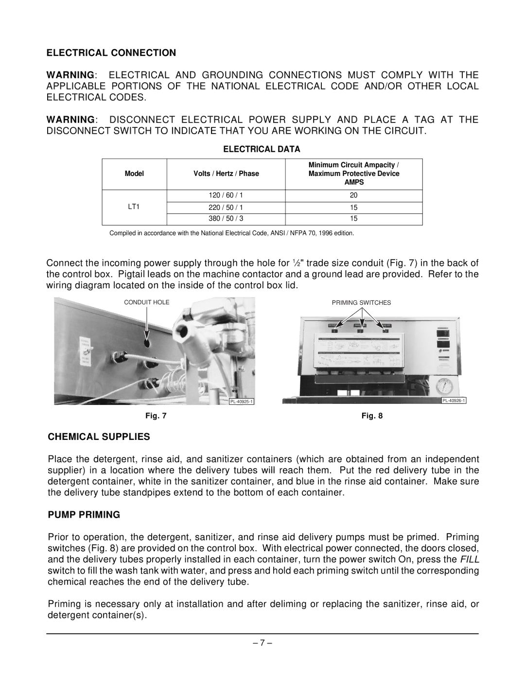 Hobart LT1 ML-104239 manual Electrical Connection, Chemical Supplies, Pump Priming 