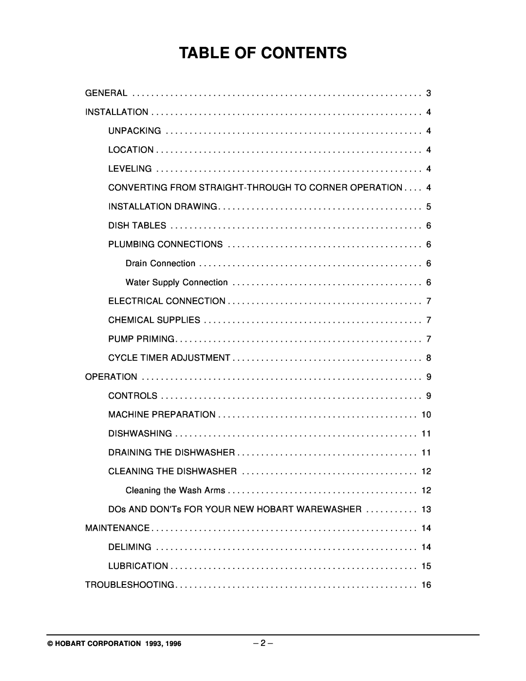 Hobart LT1 ML-104239 manual Table Of Contents 