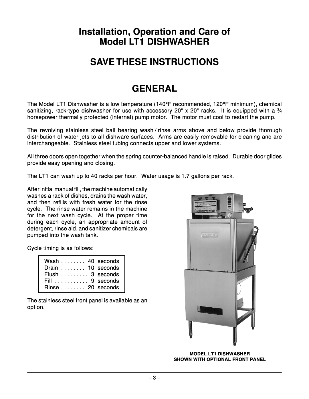 Hobart LT1 ML-104239 manual Installation, Operation and Care of, Model LT1 DISHWASHER SAVE THESE INSTRUCTIONS, General 