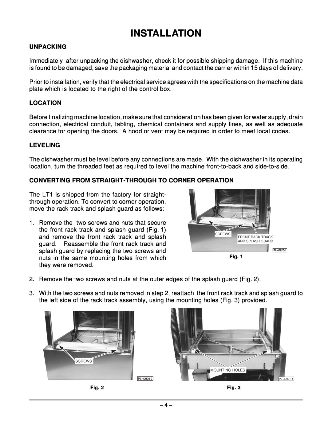 Hobart LT1 ML-104239 manual Installation, Unpacking, Location, Leveling 
