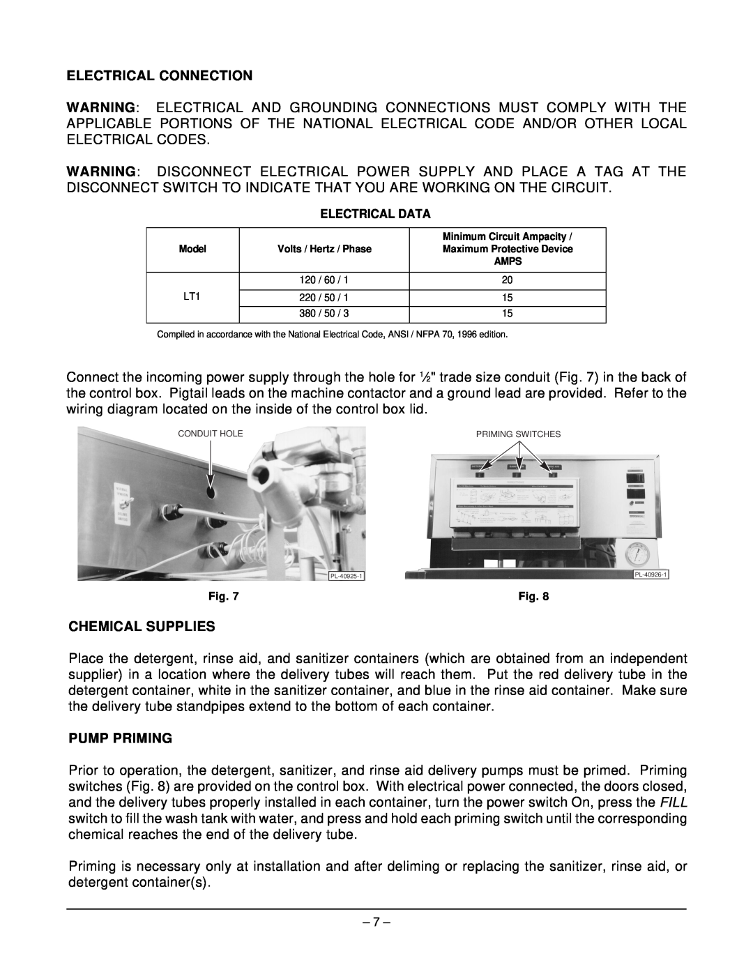 Hobart LT1 ML-104239 manual Electrical Connection, Chemical Supplies, Pump Priming, Electrical Data 