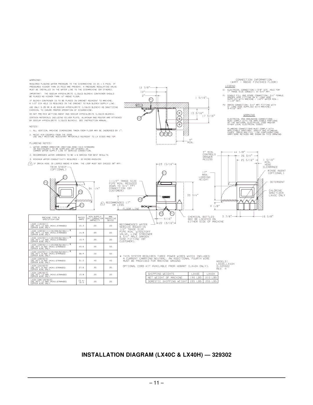 Hobart LX30H, LX18H, LX18C, LX30C manual Installation Diagram LX40C & LX40H 