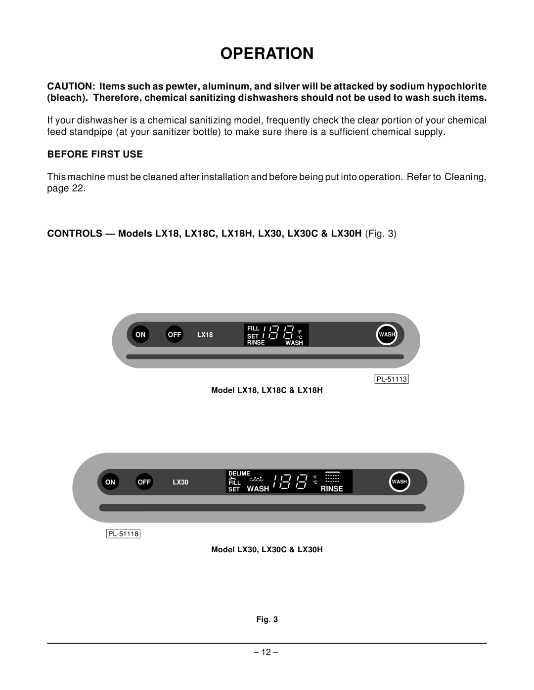 Hobart LX40C manual Operation, Before First USE, Controls Models LX18, LX18C, LX18H, LX30, LX30C & LX30H Fig 