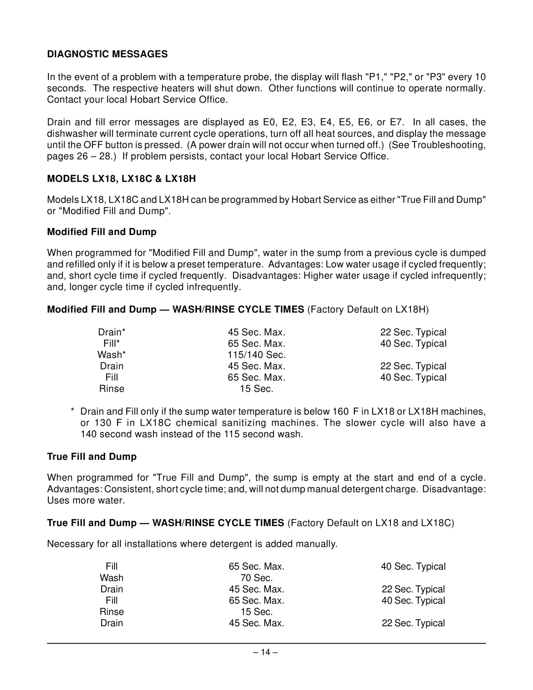 Hobart LX40C, LX30H manual Diagnostic Messages, Models LX18, LX18C & LX18H, Modified Fill and Dump, True Fill and Dump 