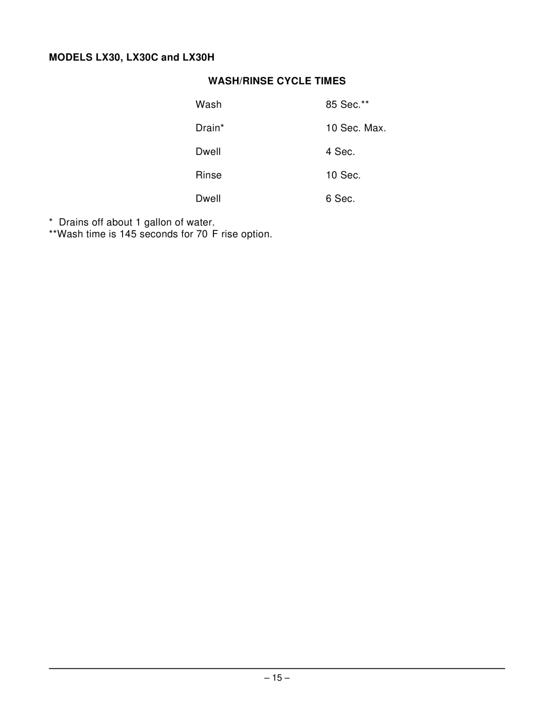 Hobart LX18C, LX18H, LX40C manual Models LX30, LX30C and LX30H, WASH/RINSE Cycle Times 
