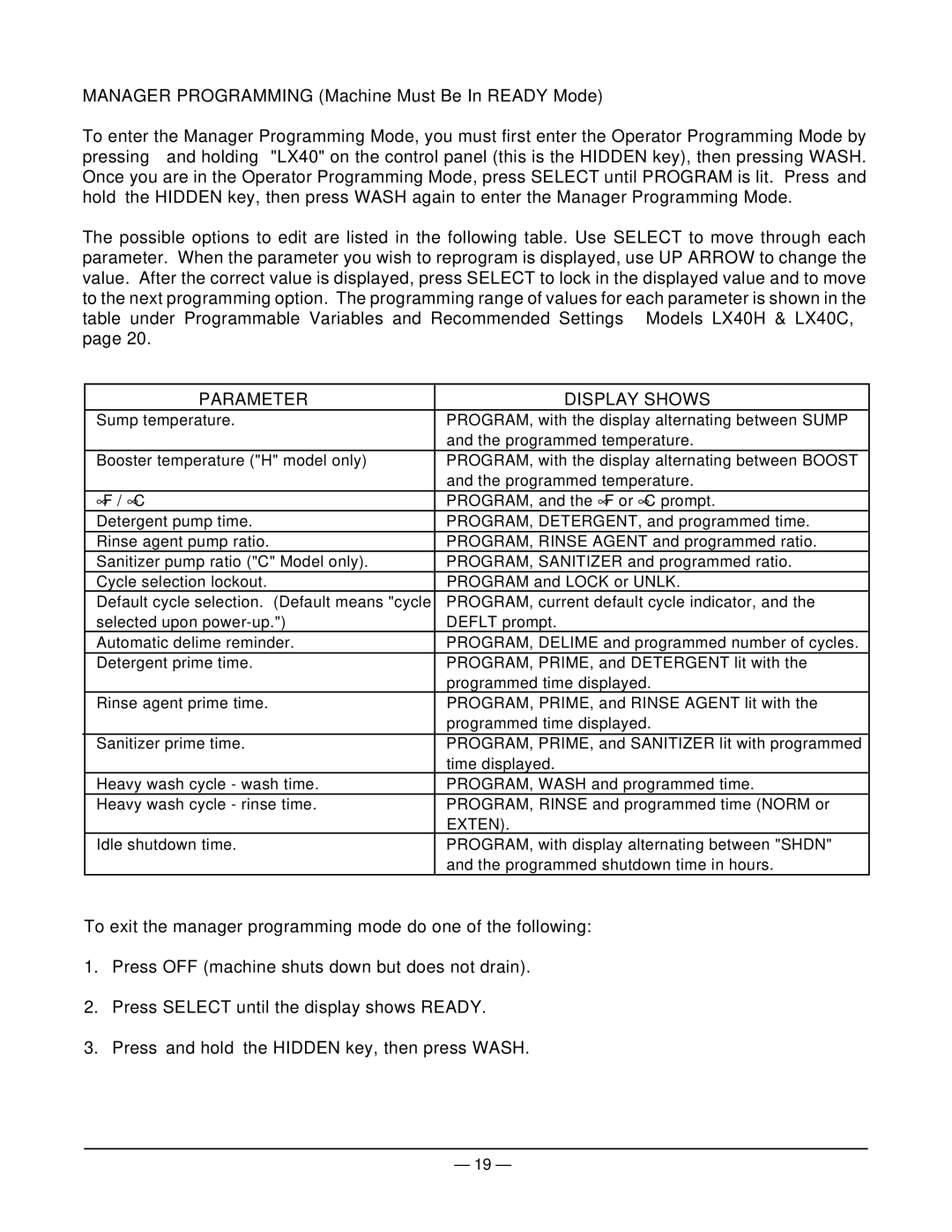 Hobart LX30C, LX18H, LX18C, LX40C, LX30H manual Manager Programming Machine Must Be In Ready Mode, Parameter Display Shows 