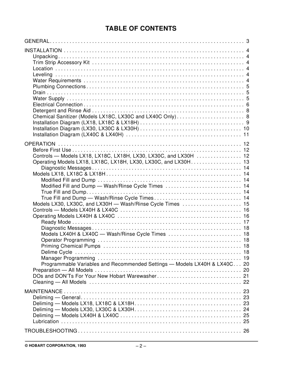 Hobart LX18H, LX18C, LX40C, LX30H, LX30C manual Table of Contents 