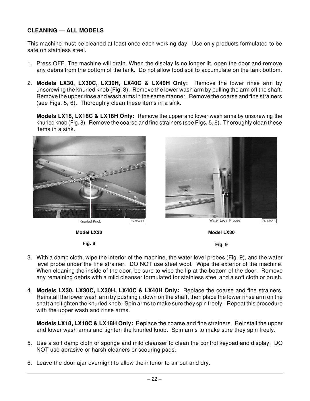 Hobart LX18C, LX18H, LX40C, LX30H, LX30C manual Cleaning ALL Models 