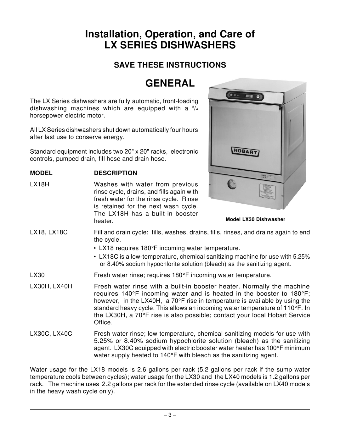 Hobart LX40C, LX18H, LX18C, LX30H, LX30C manual LX Series Dishwashers General, Model Description 