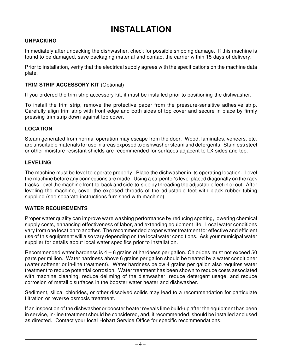 Hobart LX30H, LX18H, LX18C, LX40C, LX30C manual Installation, Unpacking, Location, Leveling, Water Requirements 
