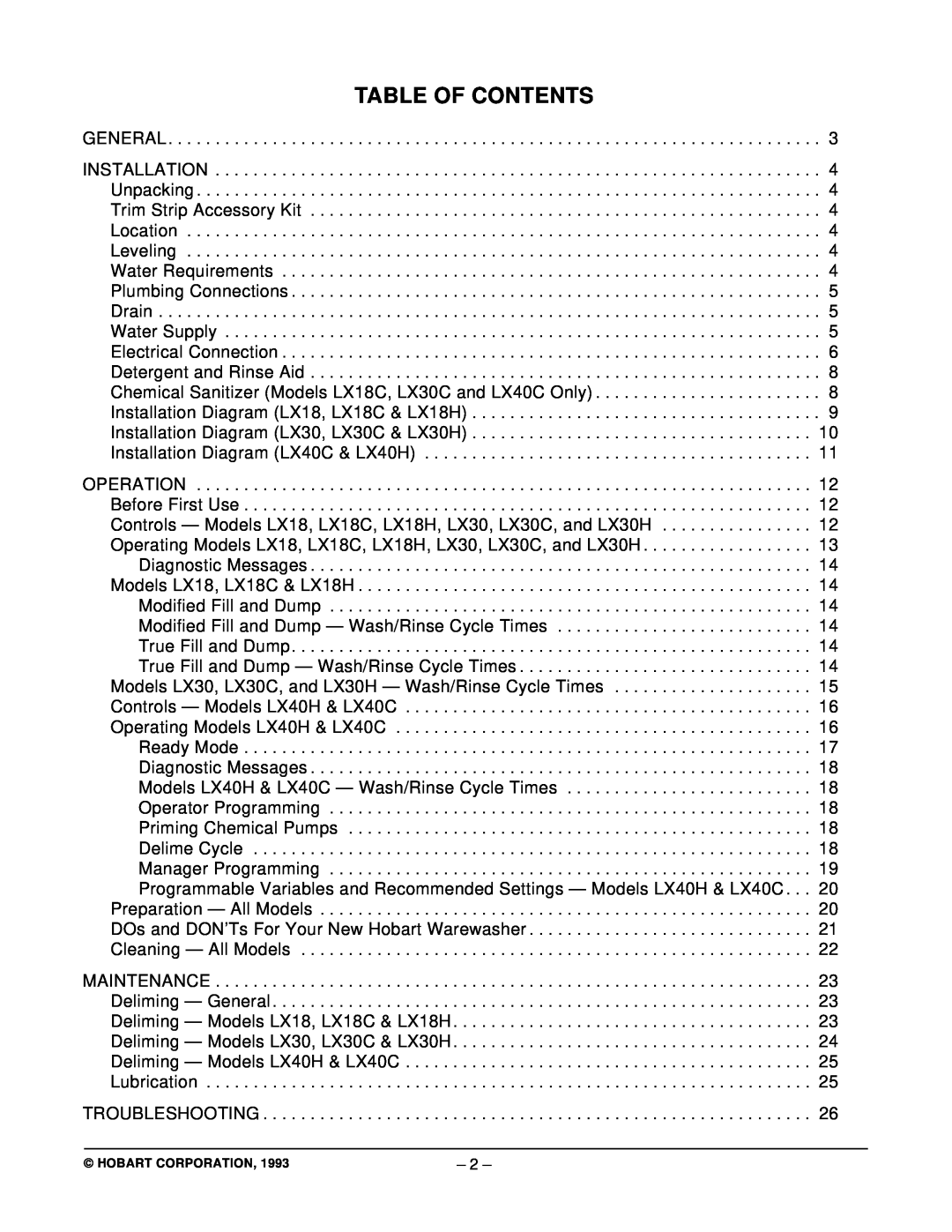 Hobart LX18H, LX18C, LX40C, LX30H, LX30C manual Table Of Contents 