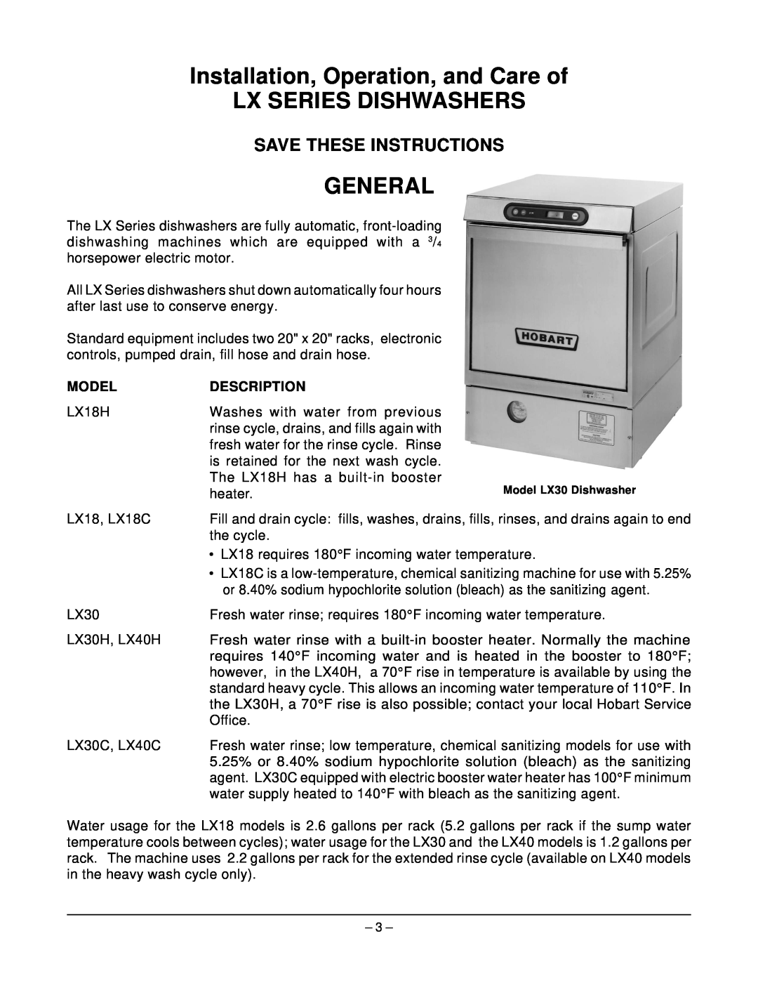 Hobart LX40C, LX18H Installation, Operation, and Care of, Lx Series Dishwashers, General, Save These Instructions, Model 