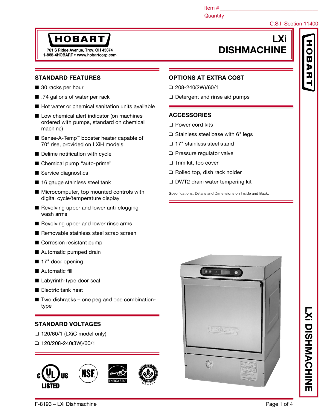 Hobart LXI specifications Standard Features Options AT Extra Cost, Standard Voltages, Accessories 