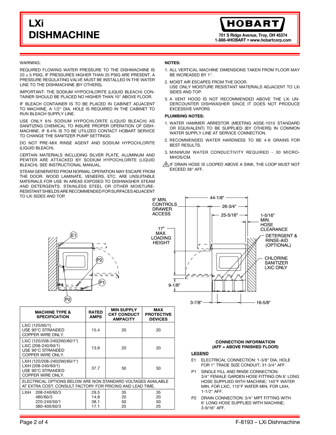 Hobart LXI specifications Ridge Avenue, Troy, OH, Plumbing Notes, Connection Information AFF = Above Finished Floor 