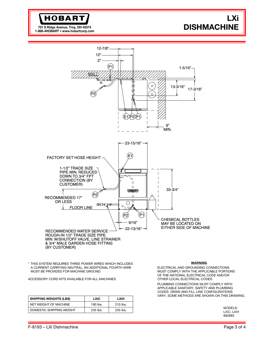 Hobart LXI specifications Shipping Weights LBS, LXiC LXiH 