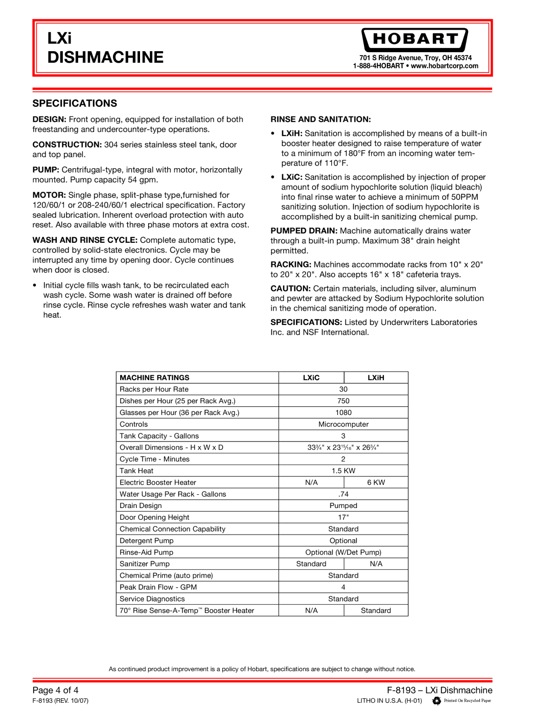 Hobart LXI specifications Specifications, LXiC LXiH 