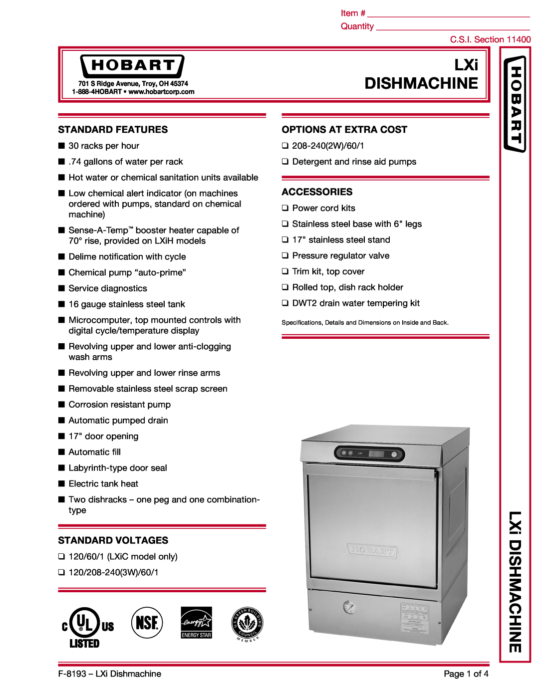 Hobart LXI specifications Dishmachine, LXi DISHMACHINE, Standard Features, Options At Extra Cost, Standard Voltages 