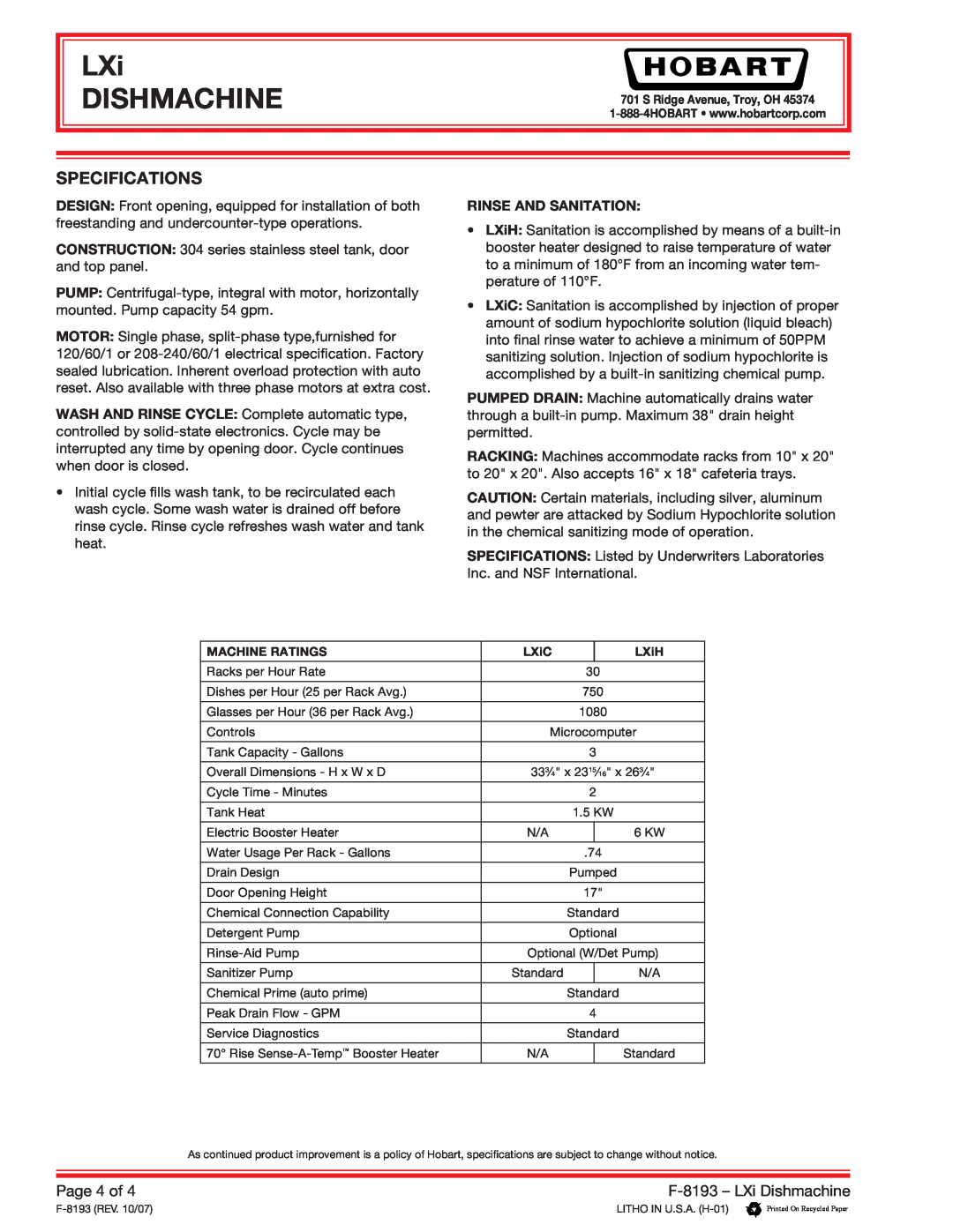 Hobart LXI specifications Specifications, LXi DISHMACHINE, Page 4 of, F-8193- LXi Dishmachine, Rinse And Sanitation 