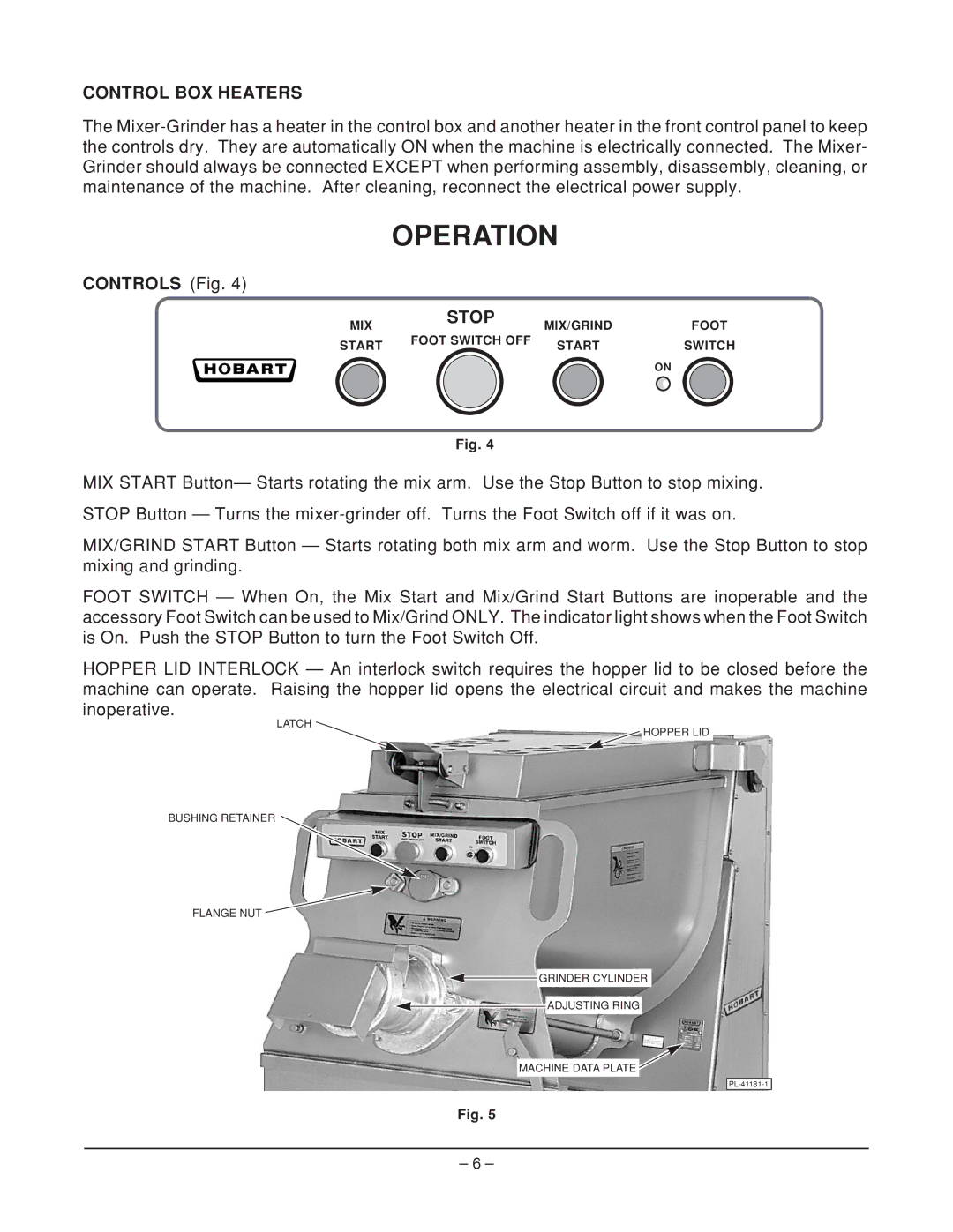 Hobart MG1532, MG2032 manual Operation, Control BOX Heaters, Controls Fig 