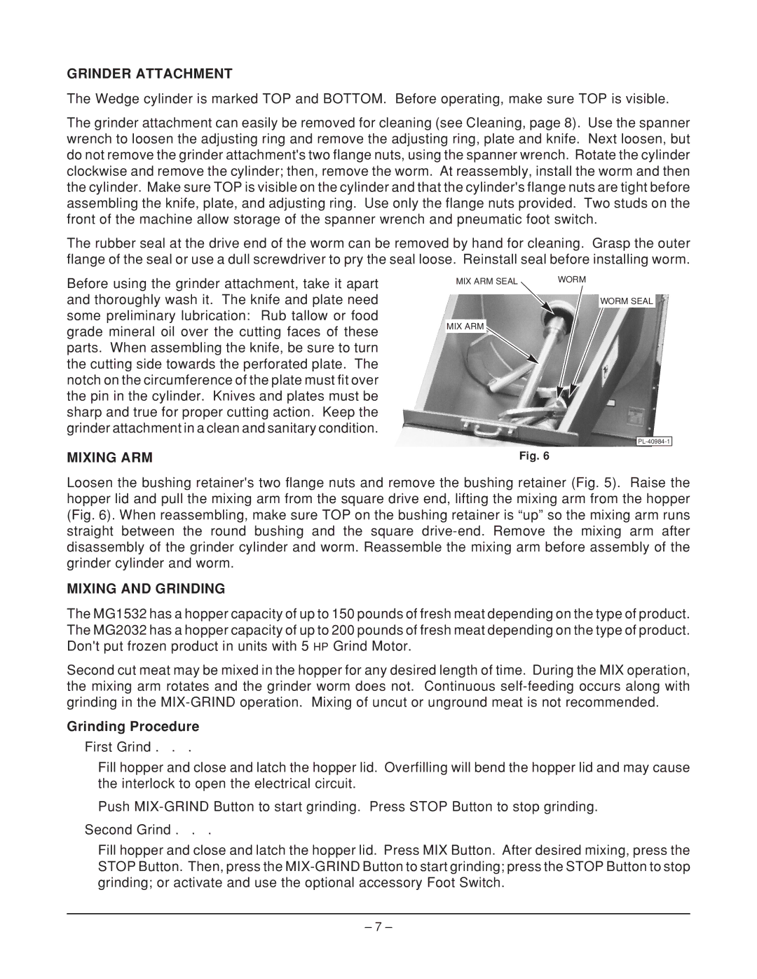 Hobart MG2032, MG1532 manual Grinder Attachment, Mixing ARM, Mixing and Grinding, Grinding Procedure 