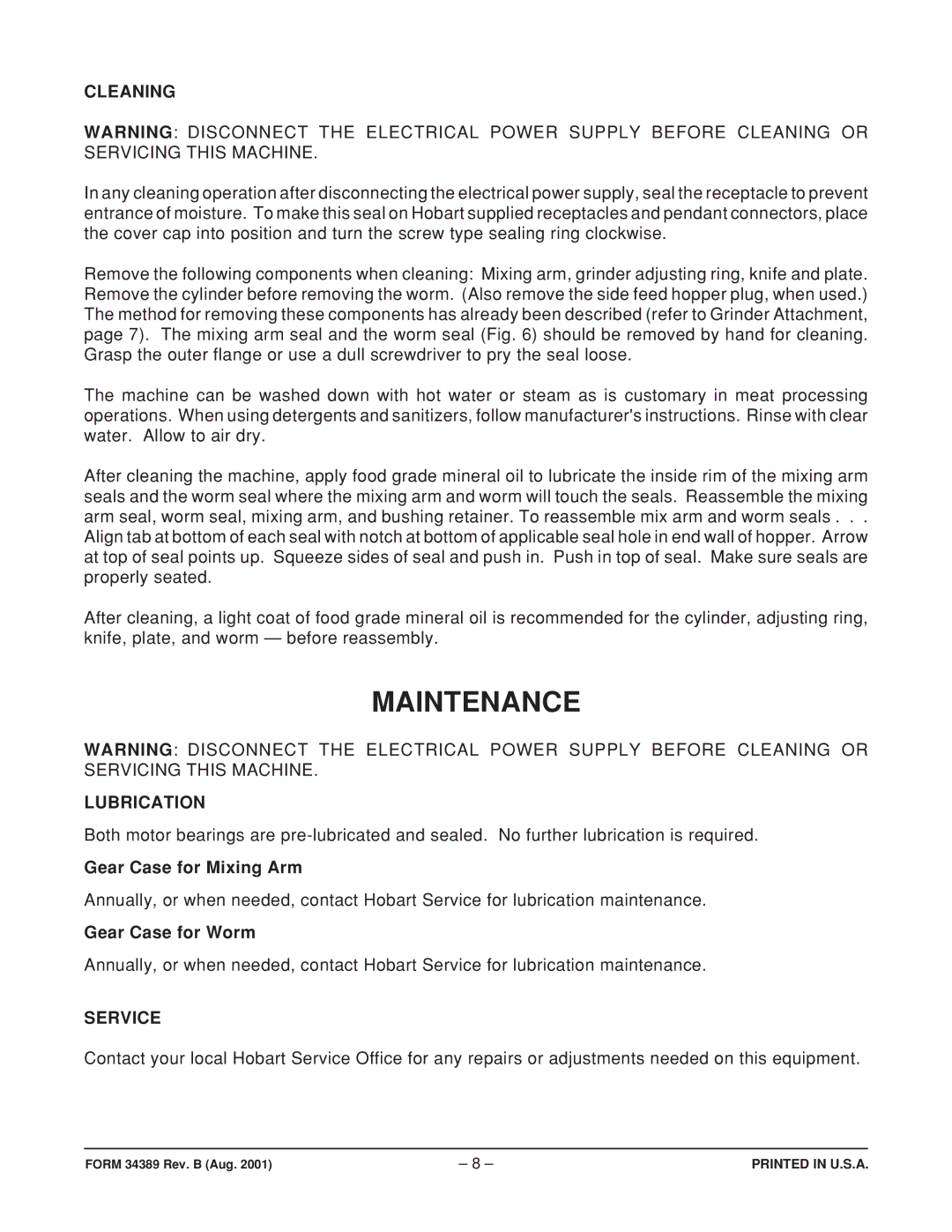 Hobart MG1532, MG2032 manual Maintenance, Cleaning, Gear Case for Mixing Arm, Gear Case for Worm, Service 