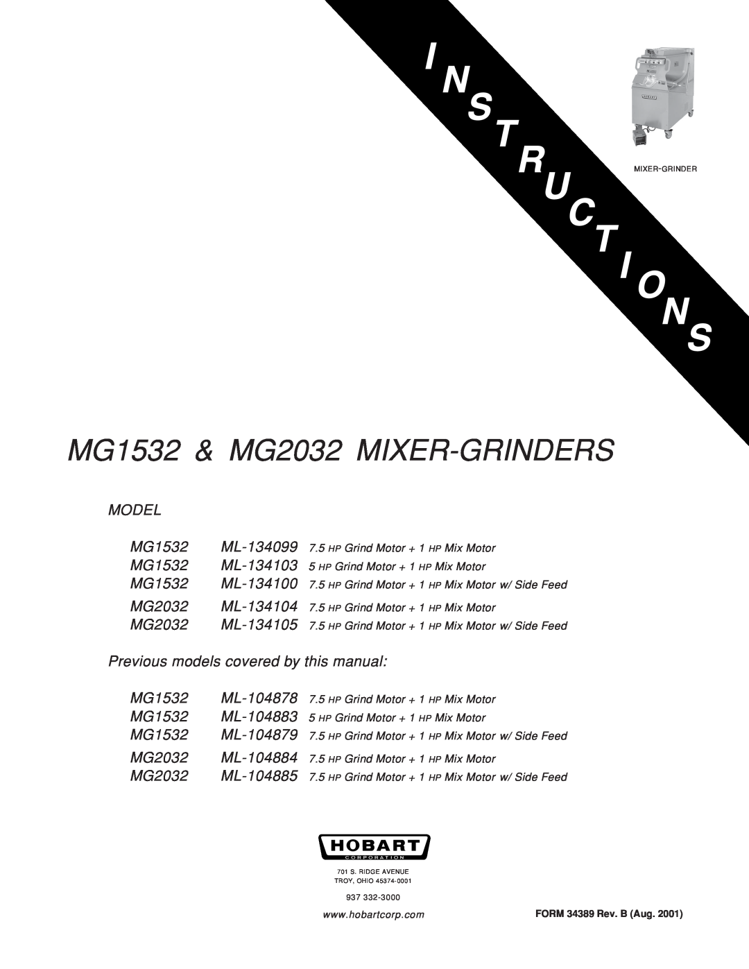 Hobart manual MG1532 & MG2032 MIXER-GRINDERS, MODEL MG1532 ML-134099 MG1532 ML-134103 MG1532 ML-134100 